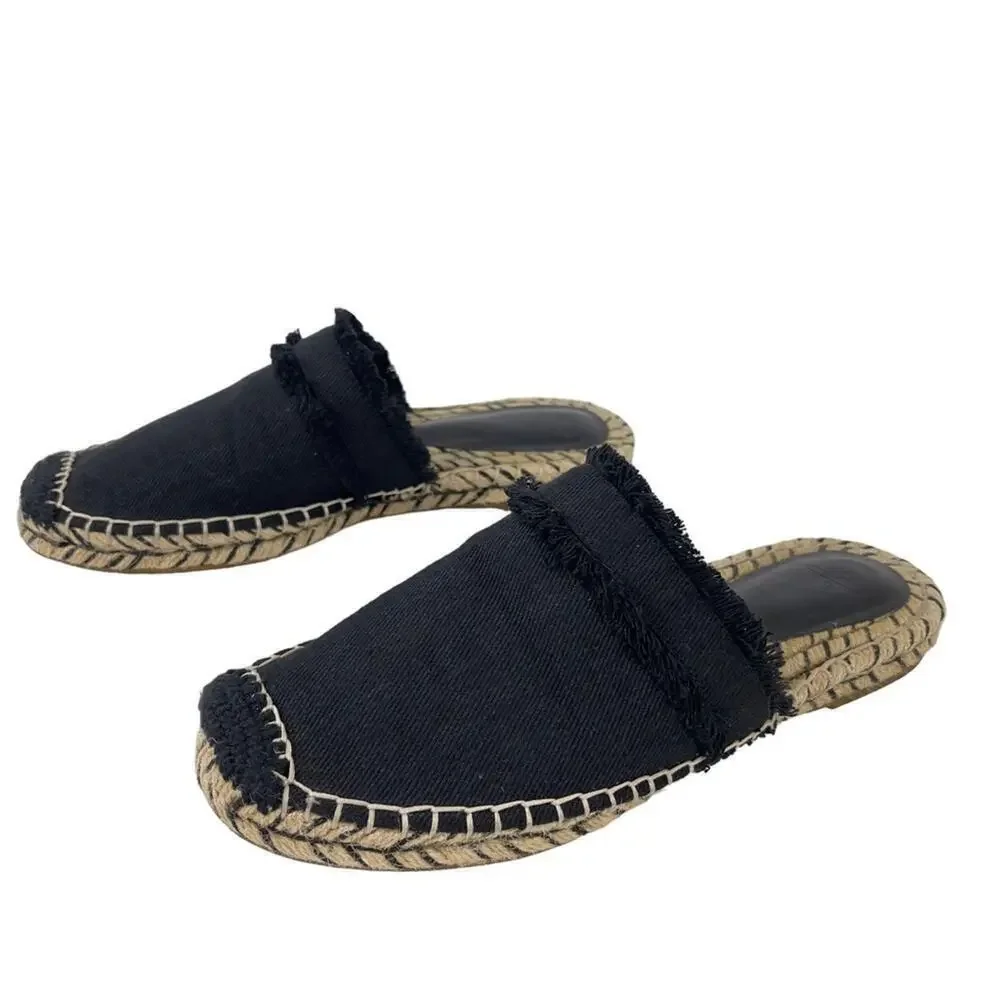 JOIE Black Cain Fringe Espadrille Mules Slides Shoes Size 39 US 9